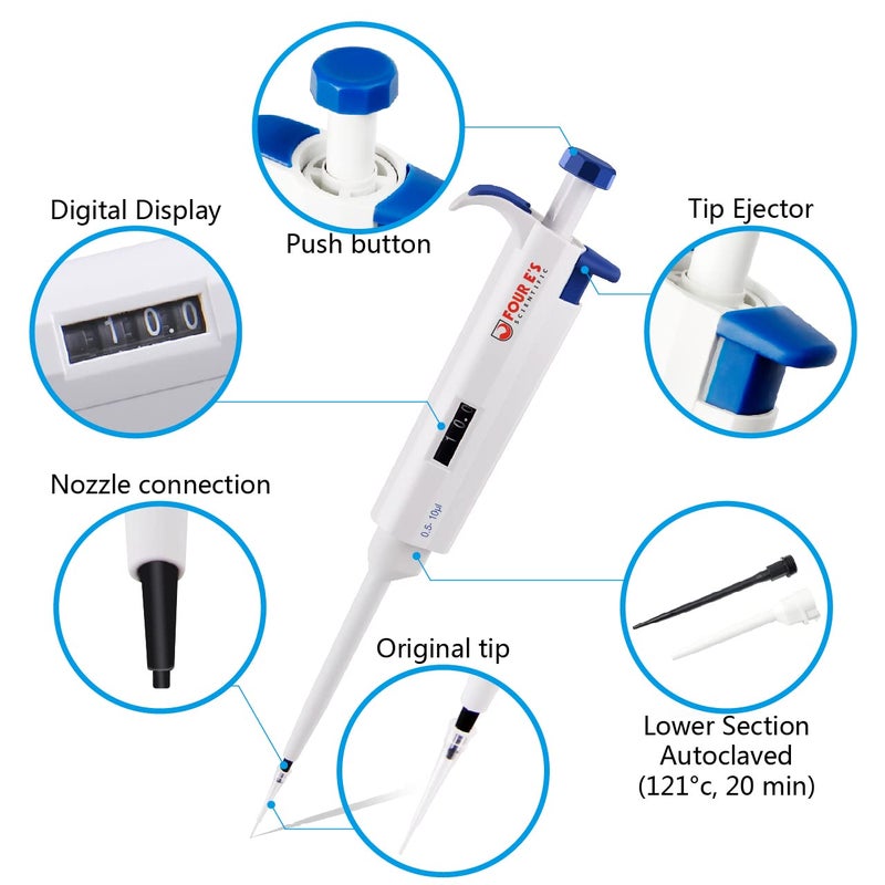 FOUR E'S SCIENTIFIC 0.5-10 uL Single-Channel Pipette Adjustable Variable Volume Micropipette High Accurate Pipettor for Laboratory, School - Image 2